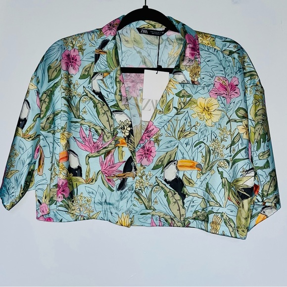 Zara Cropped toucan Tropic Floral Shirt Top - Picture 6 of 8